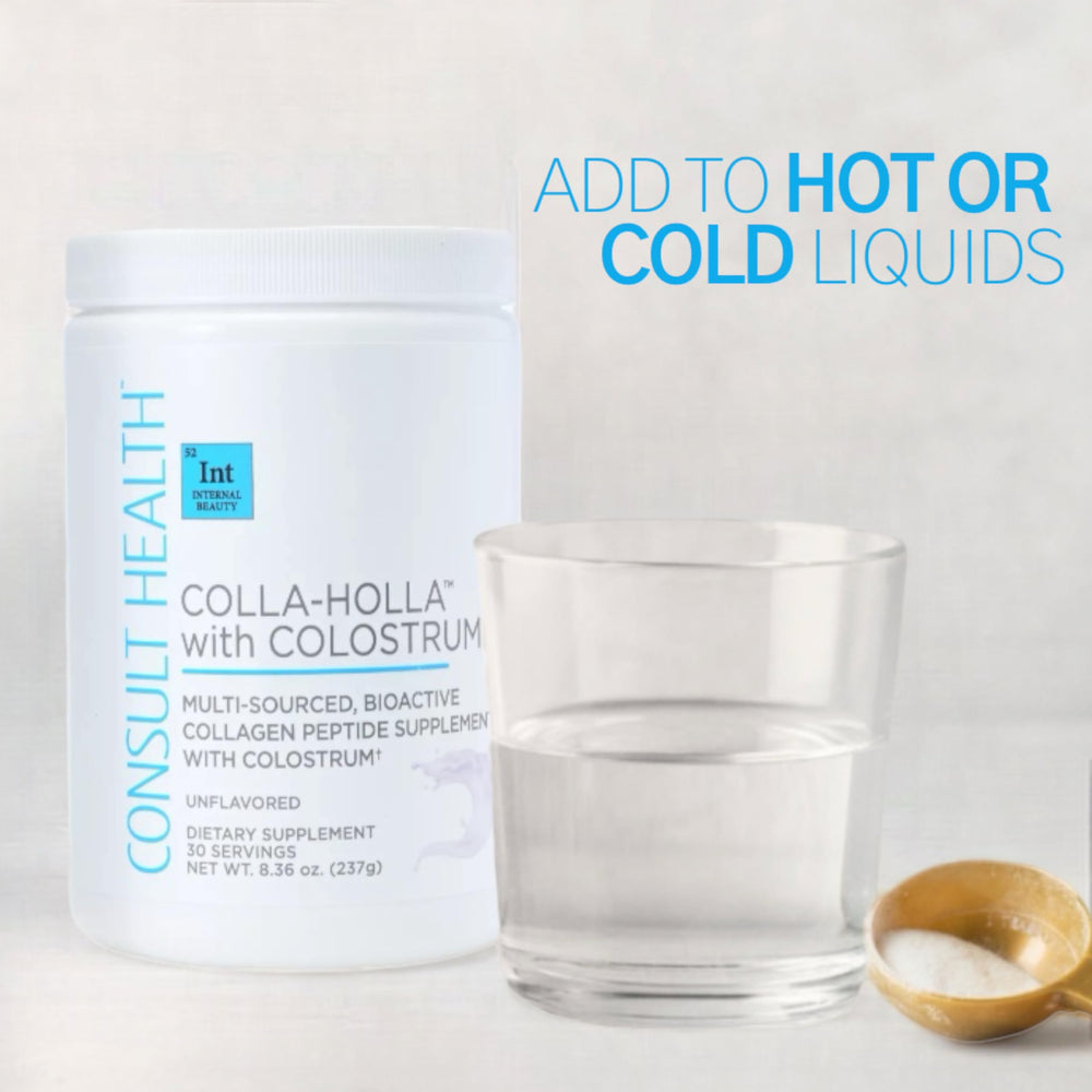 Consult Health Colla Holla colostrum powder scoop highlights immune-friendly support.