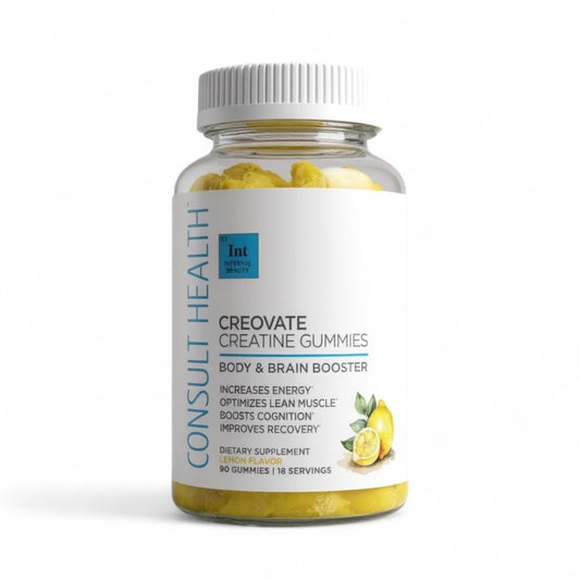 Consult Health Creovate Gummies lemon bottle showing zero sugar formula for a clean energy option.