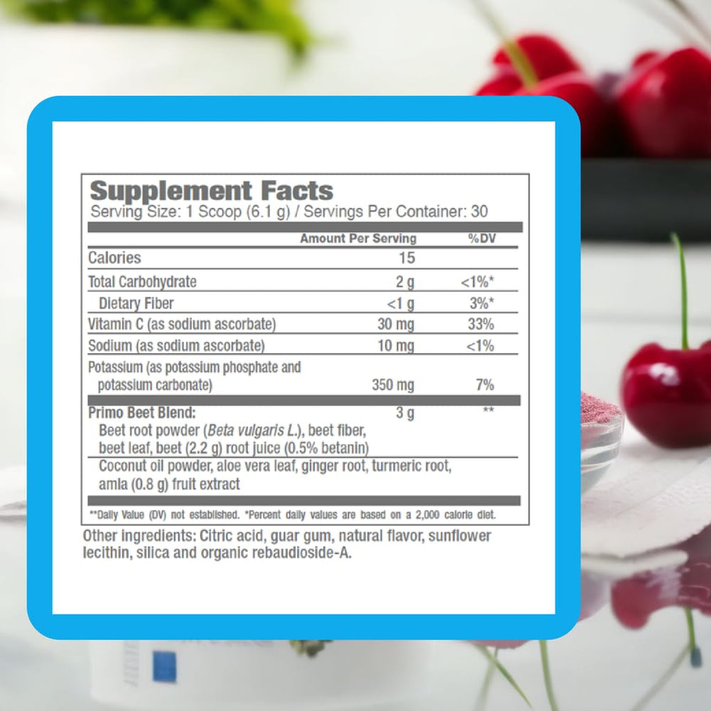 Consult Health Primo Beets glass with cherry drink ready to enjoy