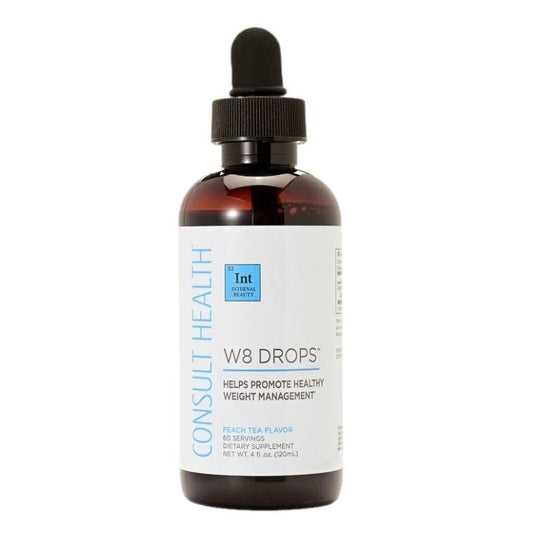 Consult Health W8 Drops bottle close-up illustrating easy-to-use liquid weight loss support for appetite control
