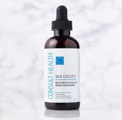Consult Health W8 Drops two droppers per day shown with clear dosing guidance