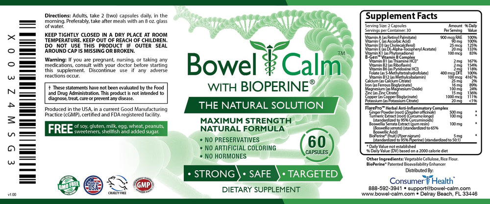 Consumer Health Bowel Calm set on kitchen counter suggests daily routine.