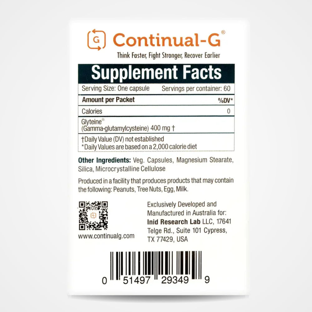 CONTINUAL-G glyteine label on packaging emphasizes premium glutathione precursor for antioxidant support