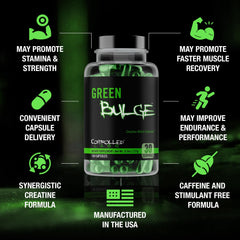 Green Bulge ingredients label shows MCC, CEE, and HyperBULGE for strength support