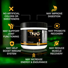 Orange Triad Plus Greens being poured into a glass for convenient daily use.