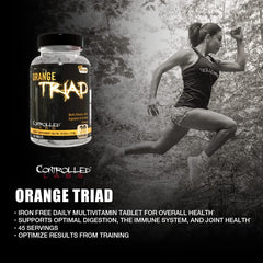 Orange Triad tablets close-up highlighting iron-free formula for daily joint, digestion, and immune support.