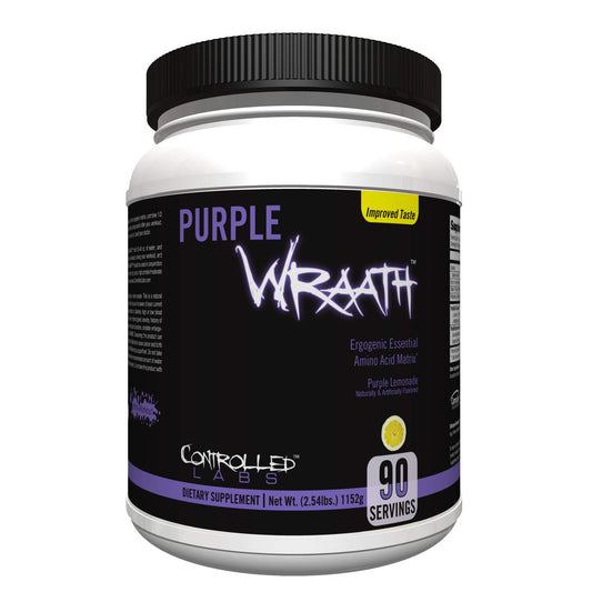 Controlled Labs Purple Wraath tub label highlights amino acids for intra-workout endurance.