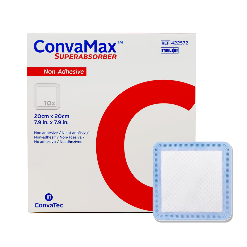 ConvaTec ConvaMax non-adhesive 8x8 dressing, front view, high absorption for exudate management.