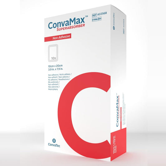 ConvaTec ConvaMax non-adhesive 4x8 dressing box of 10, ready for use.
