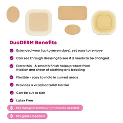 ConvaTec DuoDERM Control beige square hydrocolloid dressing, provides flexible, contour-friendly protection.