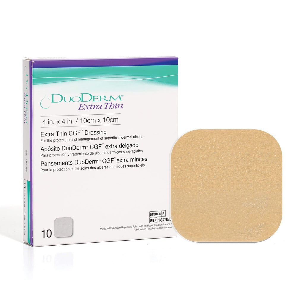 ConvaTec DuoDERM Extra Thin box showing the 10-count sterile dressings.
