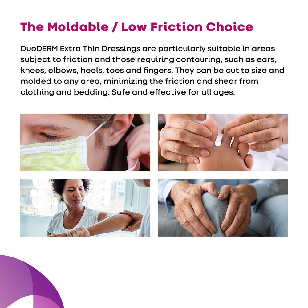 ConvaTec DuoDERM moldable dressing used on ear and knee contours