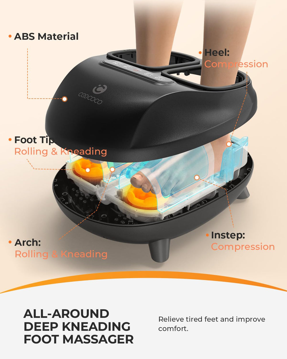 CooCoCo foot massager fits feet up to 13 inches for versatile sizing.