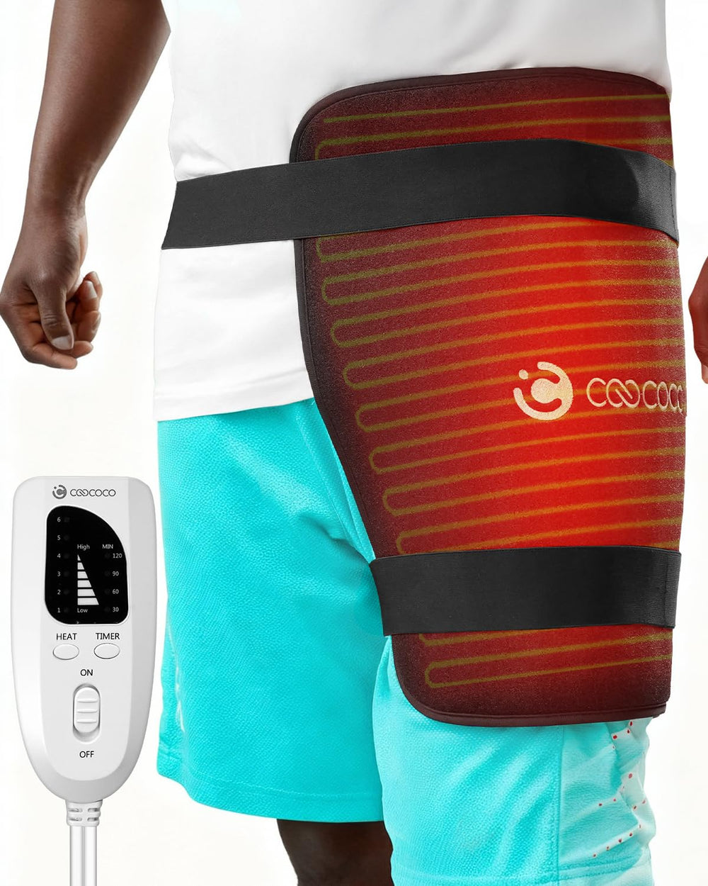 CooCoCo hip heating pad front view highlights targeted warmth for hips and lower back.