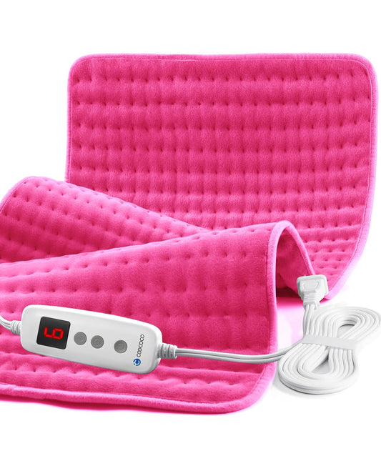 CooCoCo Pink heating pad front view showing large, plush surface for back warmth