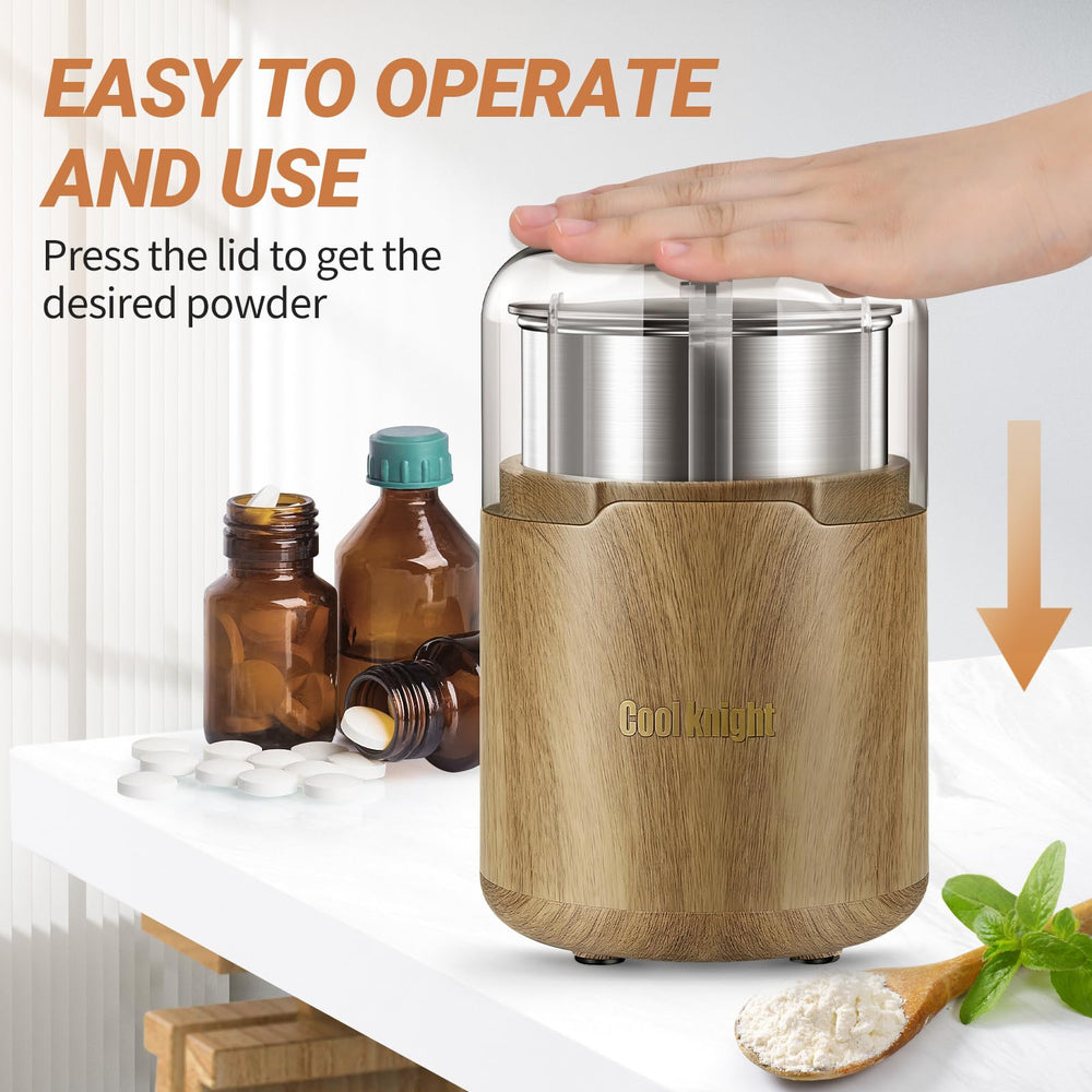 COOL KNIGHT M150H stainless-steel cup and blades enable consistent powder results.