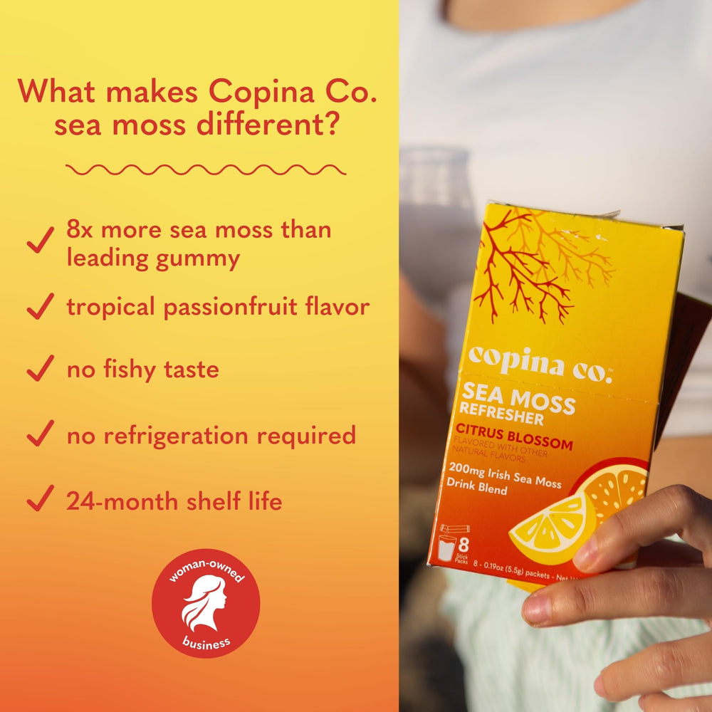 Copina Co travel-friendly sea moss powder packaging keeps freshness for gym or office use.