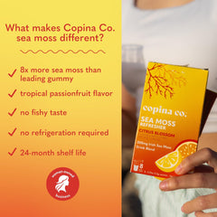 Copina Co travel-friendly sea moss powder packaging keeps freshness for gym or office use.