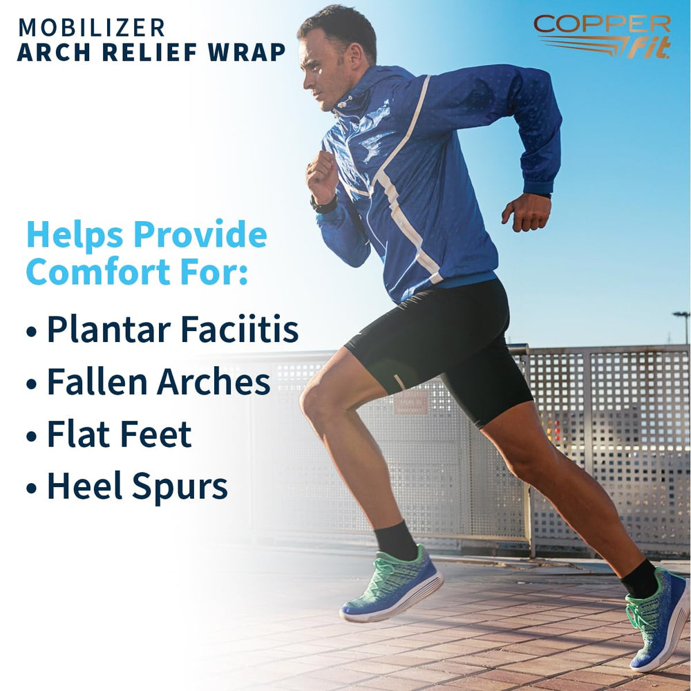 Copper Fit Mobilizer Arch Wrap in-use image shows adjustable compression in action