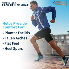 Copper Fit Mobilizer Arch Wrap in-use image shows adjustable compression in action