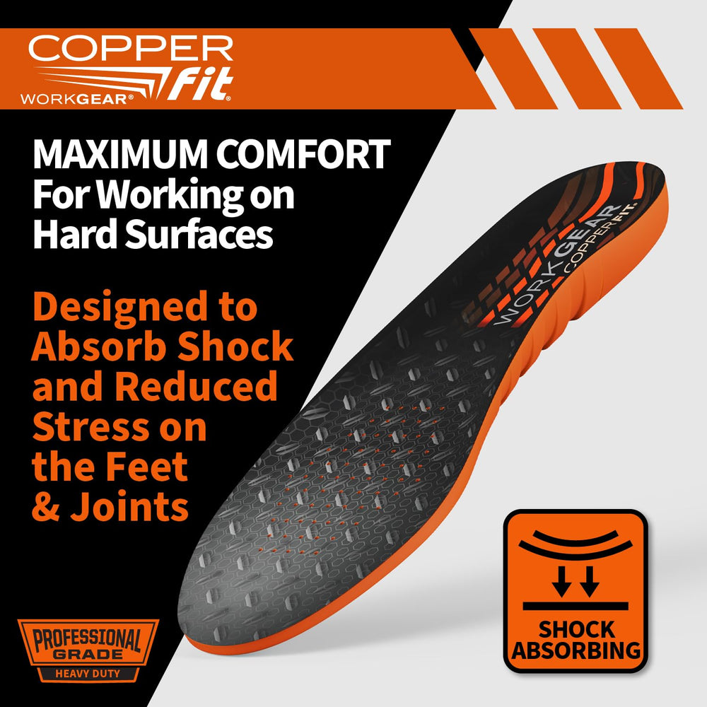 Copper Fit Pro Grade work insoles with heel cup for extra shock absorption.