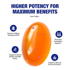 CoQ10 softgels packaging with vibrant design conveys simple daily antioxidant support.