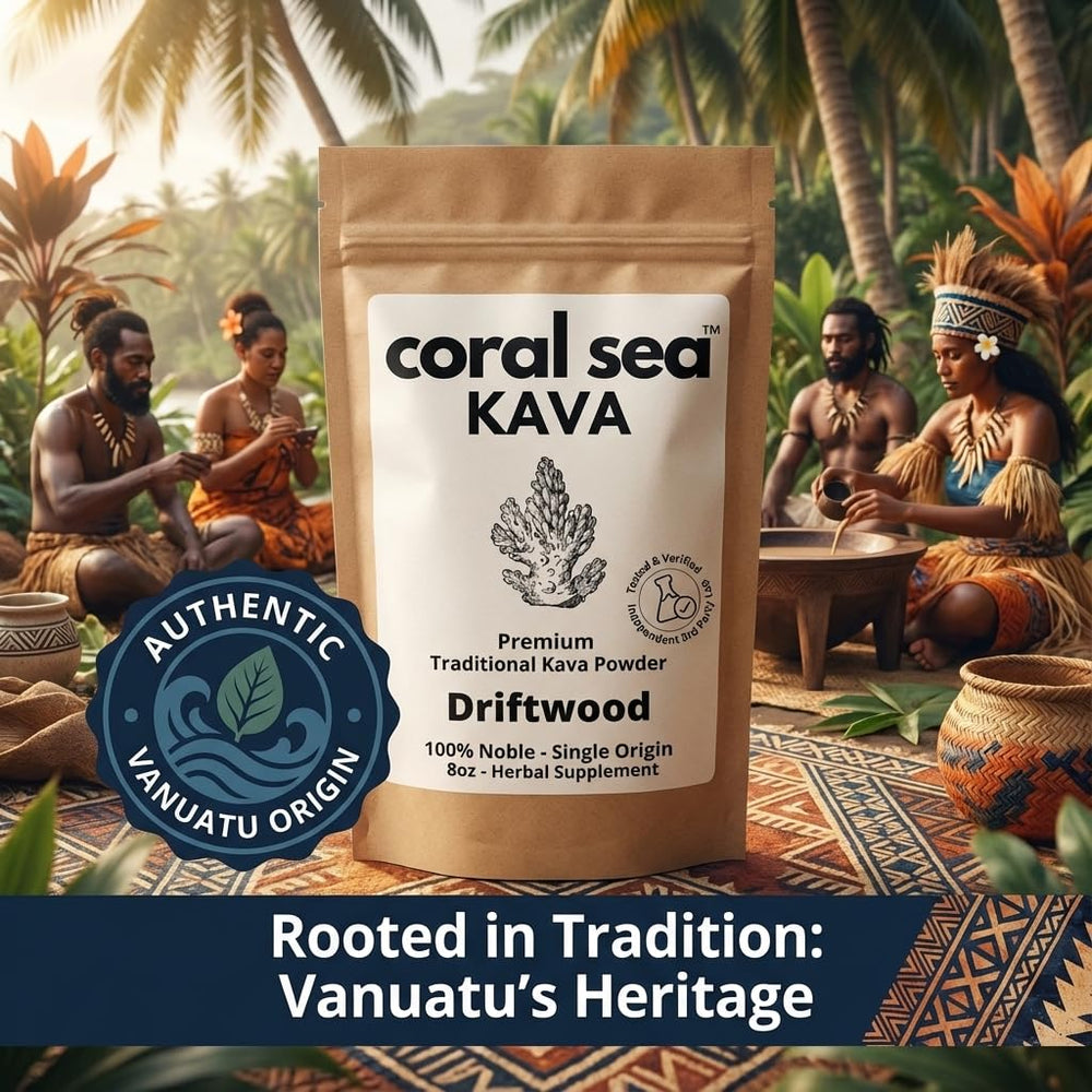 Coral Sea Kava packaging highlights purity and traceable sourcing