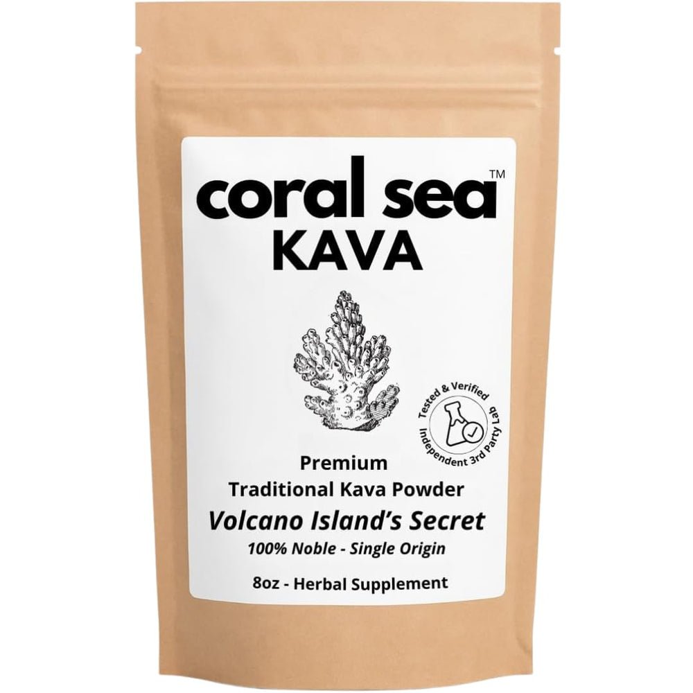 Coral Sea Kava powder bottle; noble-root quality for ceremonial use.
