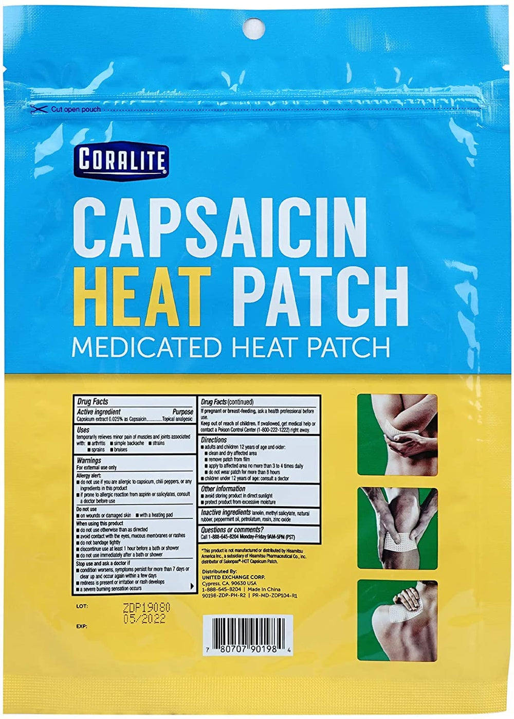 Coralite capsaicin heat patch pack contents with two patches visible
