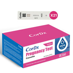 CorDx pregnancy test cassette up close shows clear result lines for easy interpretation.