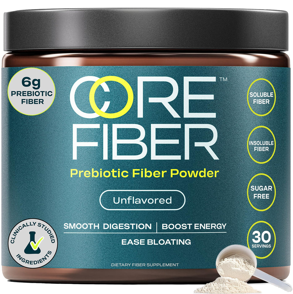 Core Fiber prebiotic powder tub promotes daily gut support and gentle digestion.