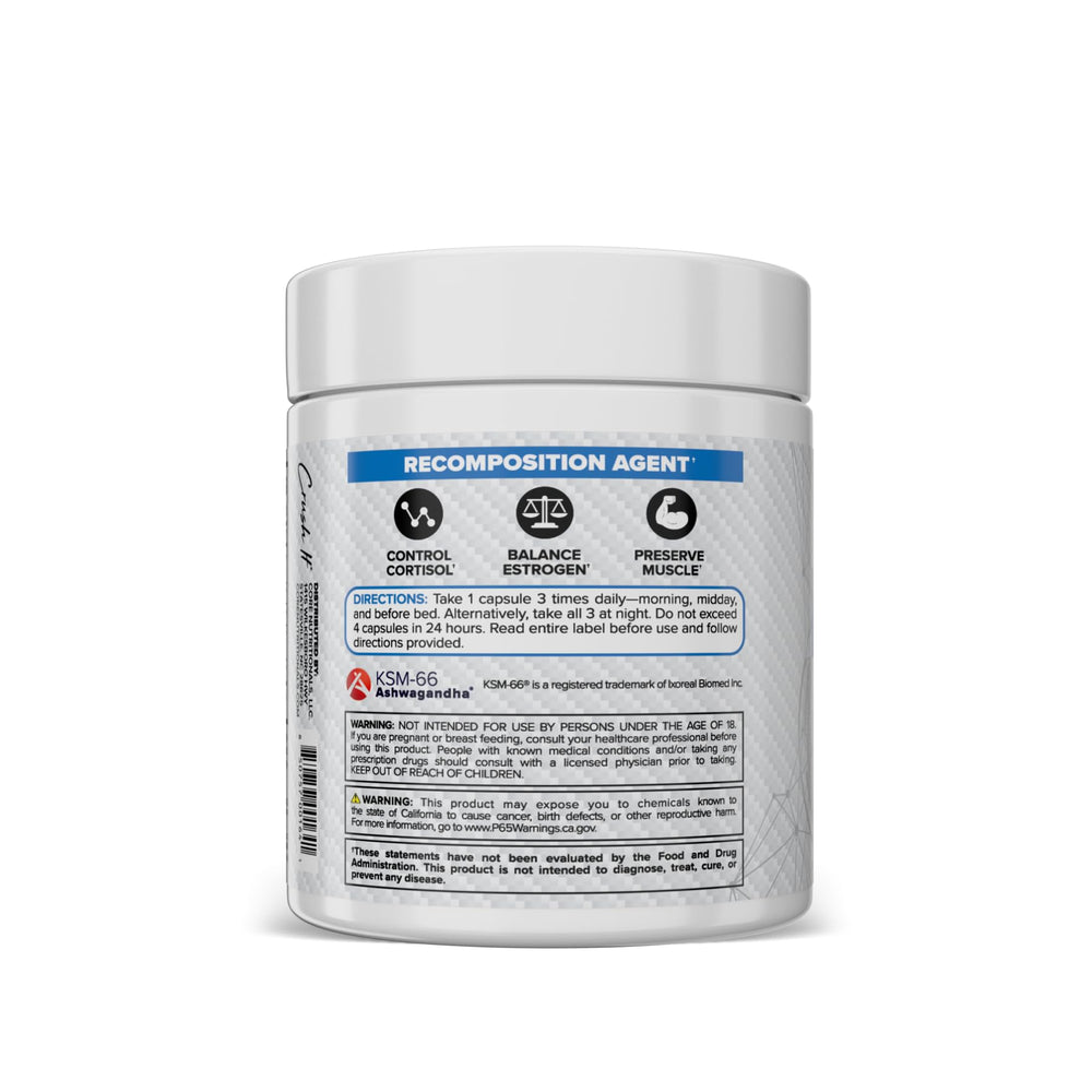 Close-up of Core HARD label highlighting KSM-66, DIM, and L-Theanine for cortisol balance and well-being.