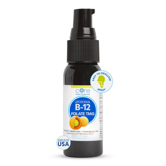 Core Med Science liposomal B12 Folate TMG spray bottle showing high-absorption formula for mood and energy.