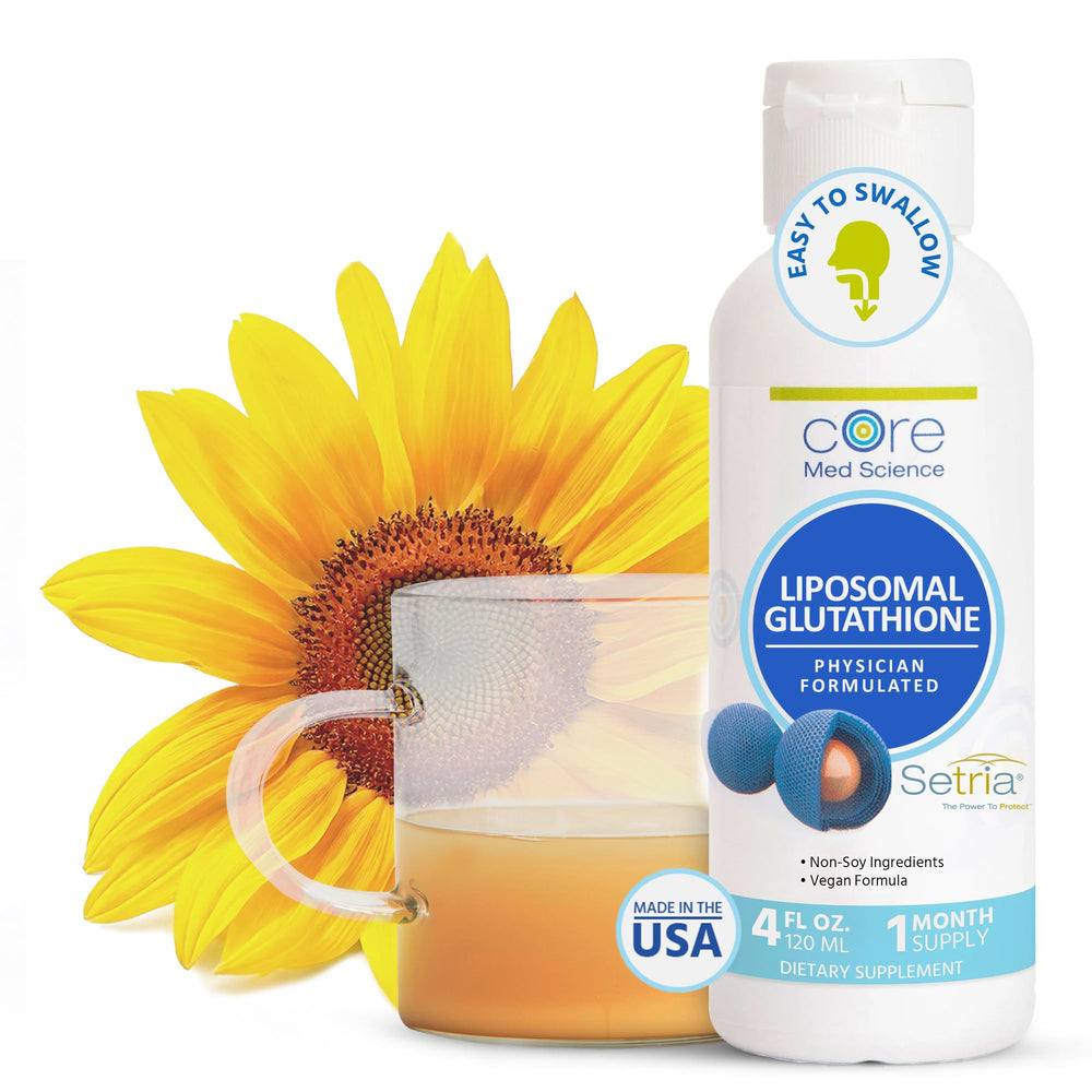 Core Med Science liposomal glutathione liquid bottle with citrus flavor for quick absorption.