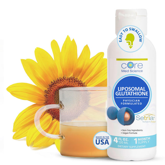 Core Med Science liposomal glutathione liquid bottle with citrus flavor for quick absorption.