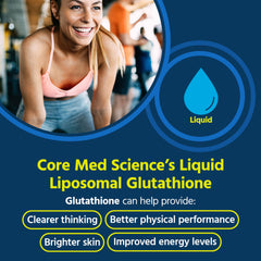 Core Med Science liposomal glutathione liquid bottle with dropper showing phospholipid complex for enhanced delivery.