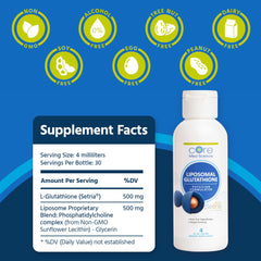 Core Med Science liposomal glutathione liquid bottle being poured highlights citrus flavor and quick absorption.