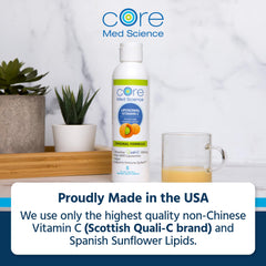 Core Med Science Liposomal Vitamin C bottle with measuring dropper communicates precise dosing