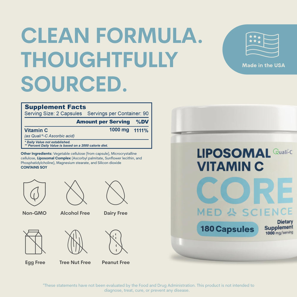 Core Med Science liposomal vitamin C label emphasizes USA-made sourcing