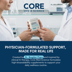 Core Med Science vitamin C bottle beside clinician symbol
