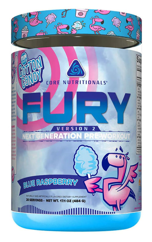 Core Nutritionals Fury V2 blue raspberry tub, premium pre-workout for focus and endurance.