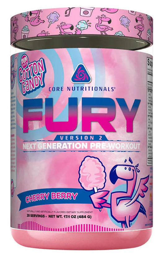 Core Nutritionals Fury V2 tub with label highlighting Cherry Berry flavor