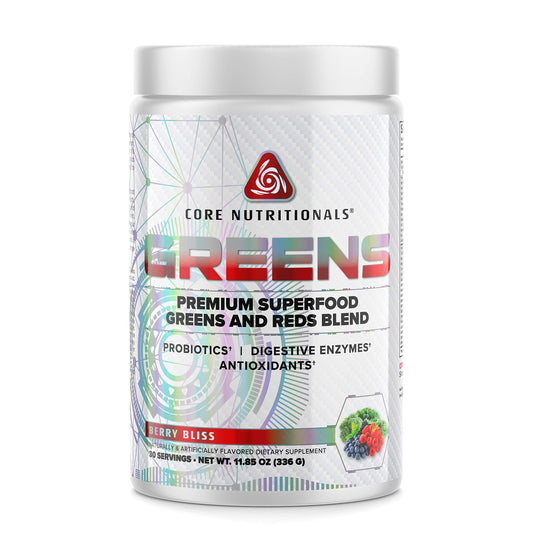 Core Nutritionals Greens Berry Bliss bottle showing daily greens and antioxidants