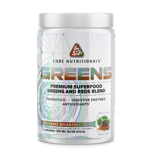 Core Nutritionals Greens chocolate decadence tub with scoop supports daily greens intake.