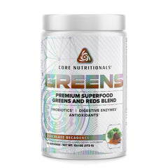 Core Nutritionals Greens chocolate decadence tub with scoop supports daily greens intake.