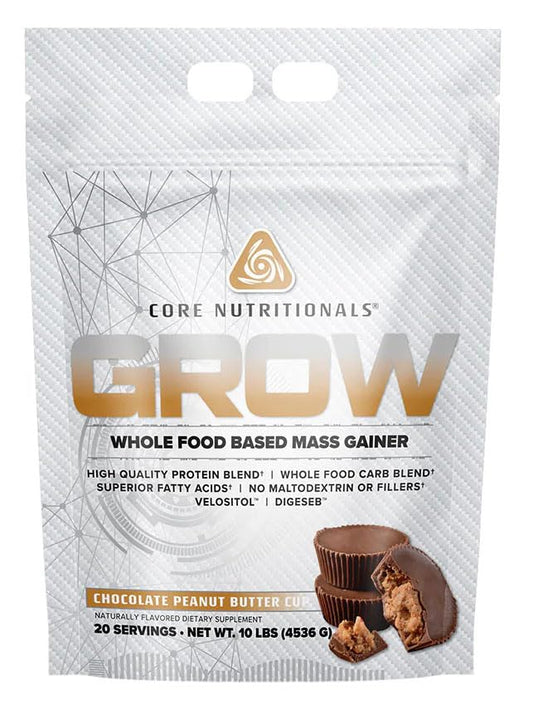 Core Nutritionals Grow Mass Gainer bottle for convenient high-protein fueling after workouts.