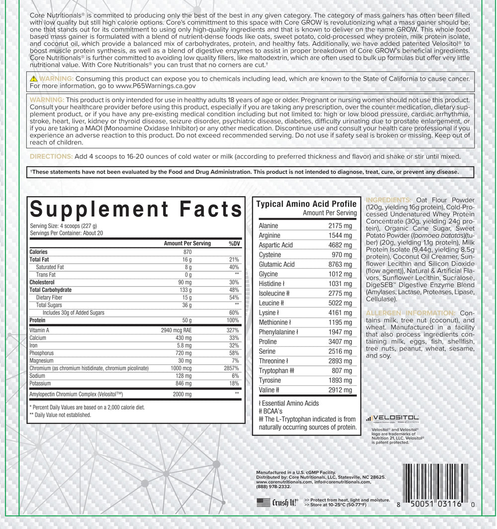 Core Nutritionals Grow Mass Gainer ingredients-panel highlights whole-food carb blend for balanced fueling.