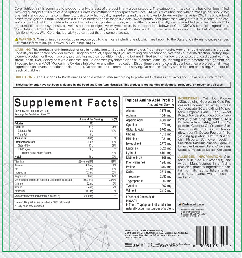 Core Nutritionals Grow Mass tub packaging highlighting 10-pound size and ingredients.