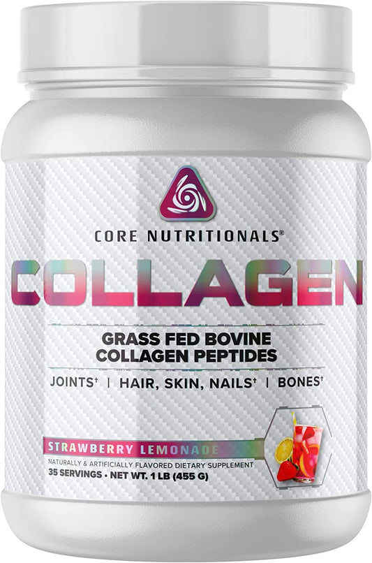 Core Nutritionals hydrolyzed collagen peptides bottle promises healthier hair, skin, and nails.