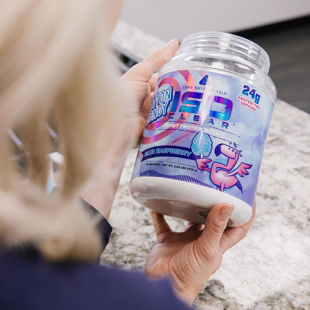 Glass of Core Nutritionals Iso Clear shake highlighting 24g protein.